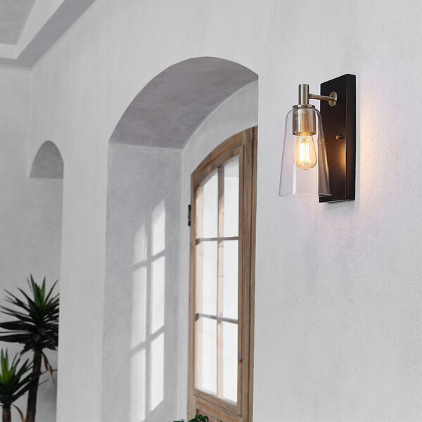 A Globe matte black and brass wall sconce with a clear glass shade on a white wall above a potted plant.