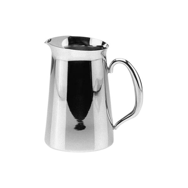 A silver stainless steel Hepp water pitcher with a handle.