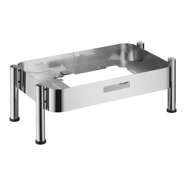 A silver metal Hepp stainless steel chafing dish frame with black legs.