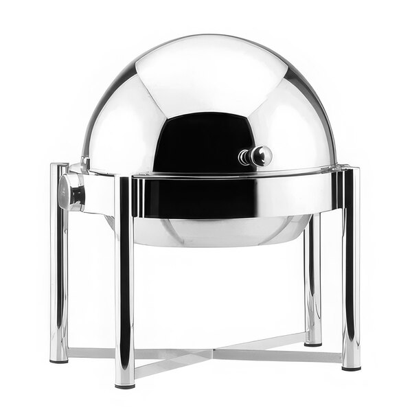A Hepp stainless steel round chafer with a round lid on a stand.