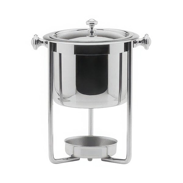 A silver stainless steel Hepp sauce chafer with a lid.