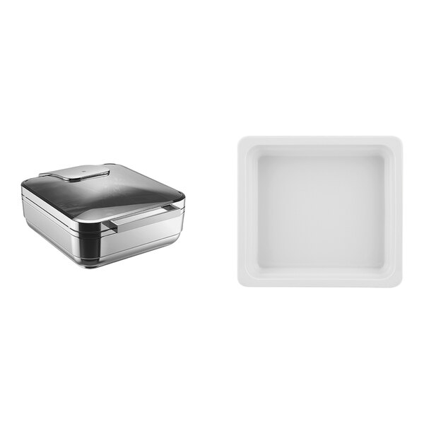 A silver rectangular container with a lid and three white square containers inside.