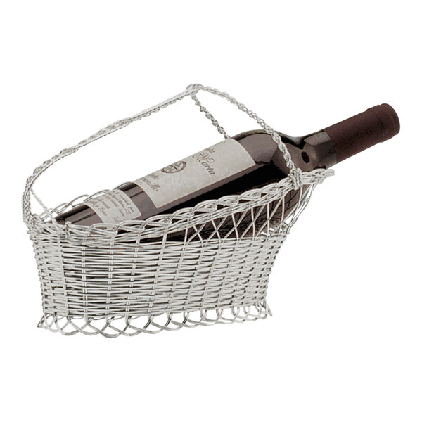 A bottle of wine in a Hepp silver-plated steel wire basket.