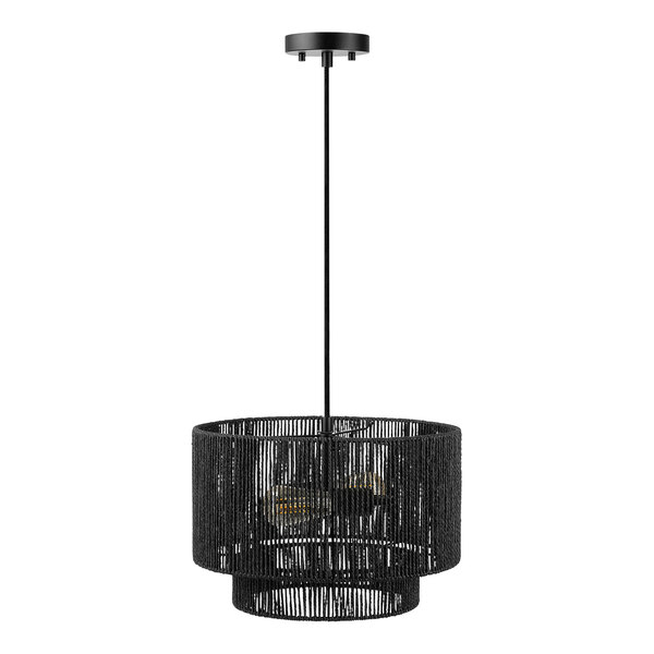 A Globe Japandi Matte Black Paper Twine Chandelier with a black shade hanging in a restaurant.