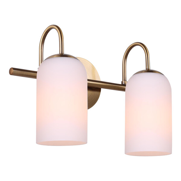 A Canarm Novalee gold 2-light bathroom fixture with white glass shades.