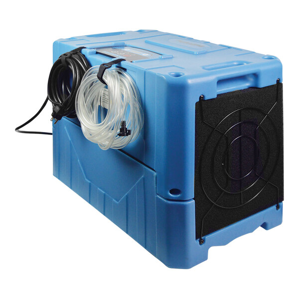 A blue box with a white tube and wires, the PURAERO PA-45-LGR-BL dehumidifier.