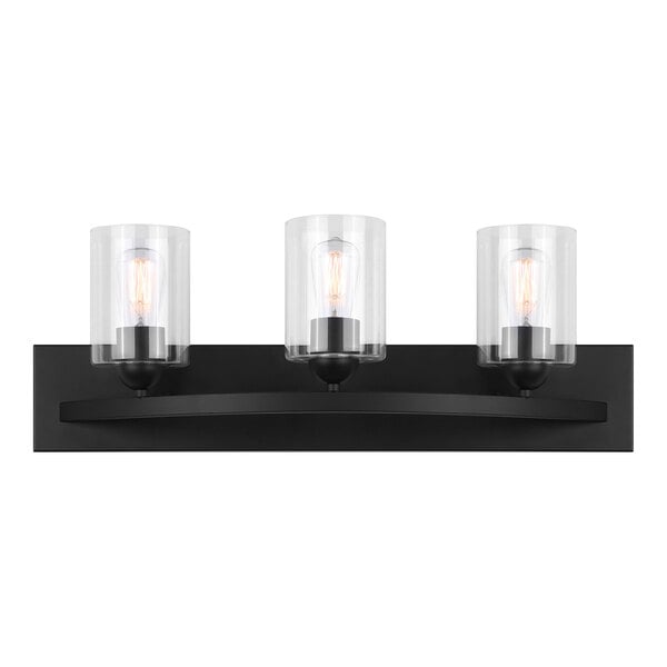 A black Canarm Hampton bathroom vanity light with clear glass shades.