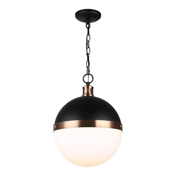 A black and gold Canarm pendant light with a white glass globe.