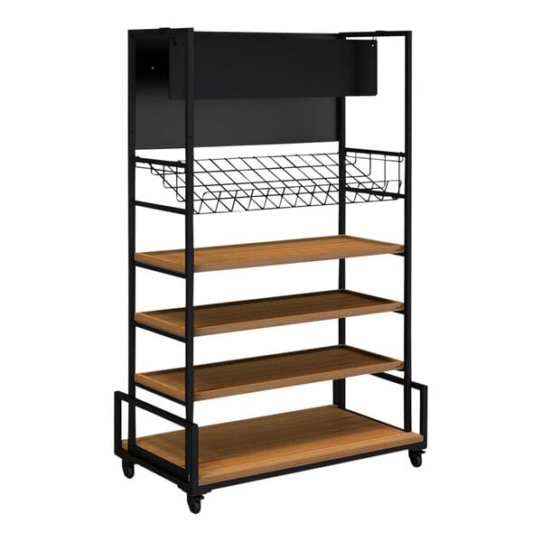 A black wire and wood shelving cart with a top sign.