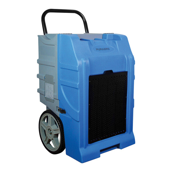 A blue and black PURAERO commercial dehumidifier on wheels.