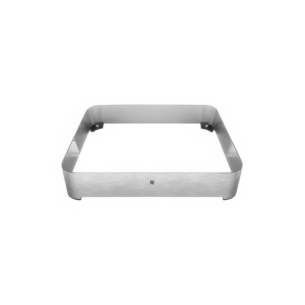 A stainless steel rectangular buffet frame with black legs.