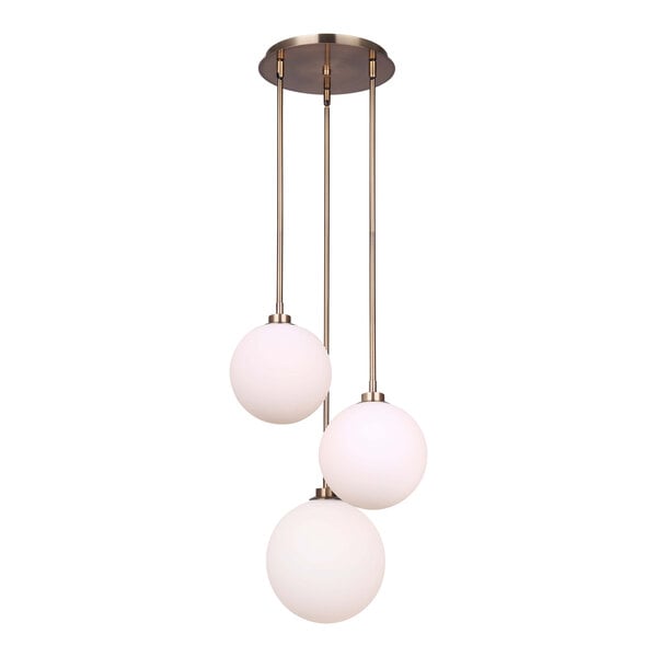 A Canarm gold pendant light with three white opal glass globes.