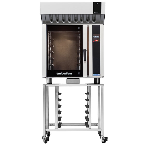 A Moffat commercial convection oven with a glass door on a stand.