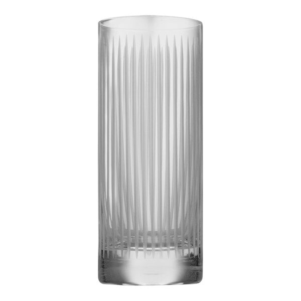 A clear Stolzle Soho long drink glass with a straight line pattern.