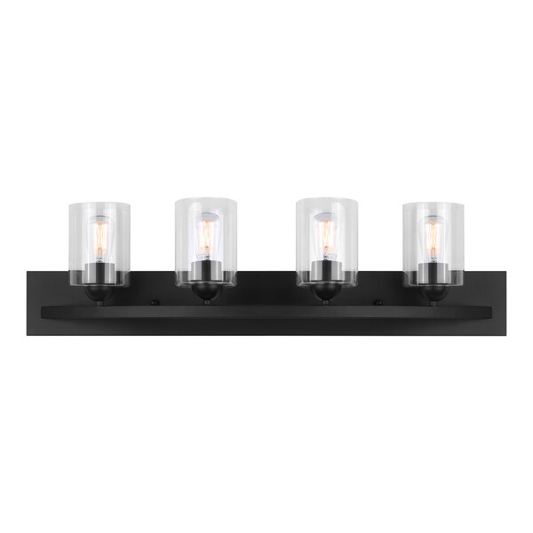 A Canarm Hampton matte black vanity light with clear glass shades over three light bulbs.