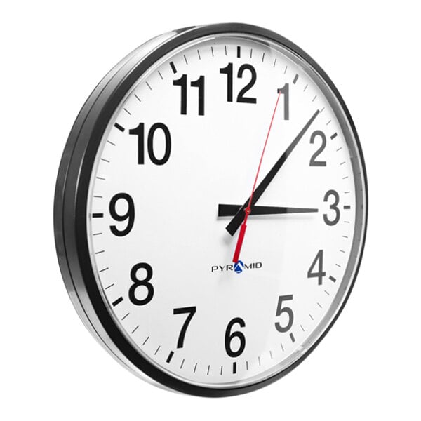 A Pyramid TimeTrax Sync analog clock with a white face and black numbers.
