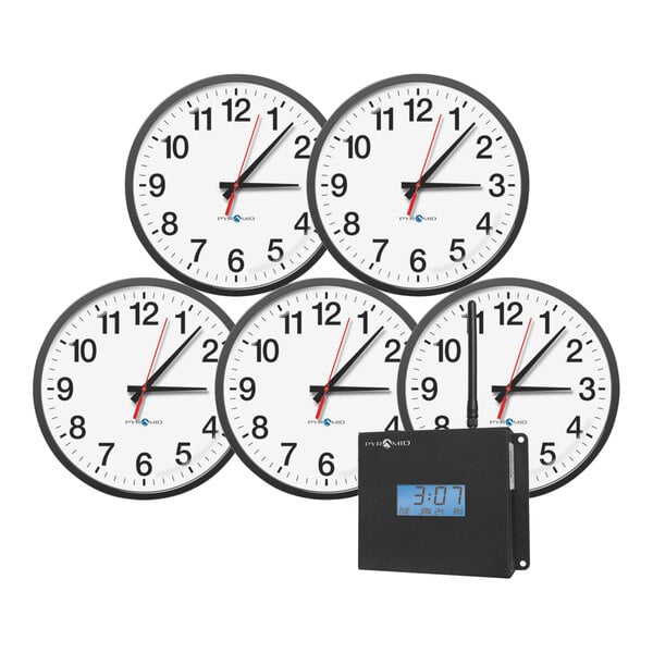 A group of six Pyramid TimeTrax Sync RF wireless analog clocks with black and white dials and black numbers.