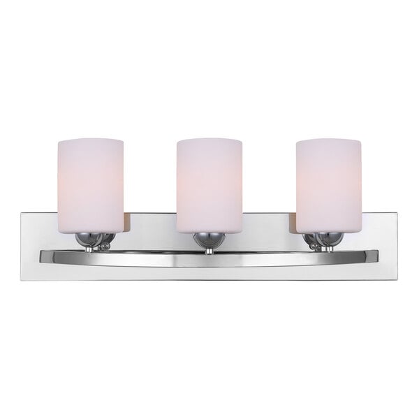 A Canarm Hampton chrome vanity light fixture with three white opal glass shades.