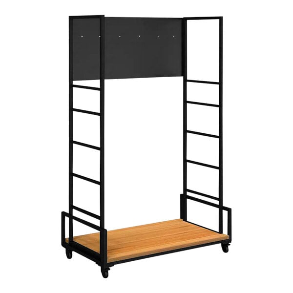 A black metal and wood shelving cart frame.