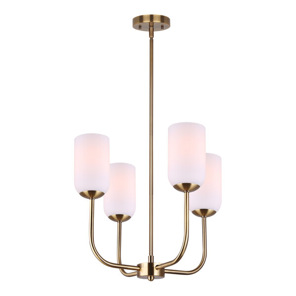 A Canarm Novalee gold chandelier with white glass shades.