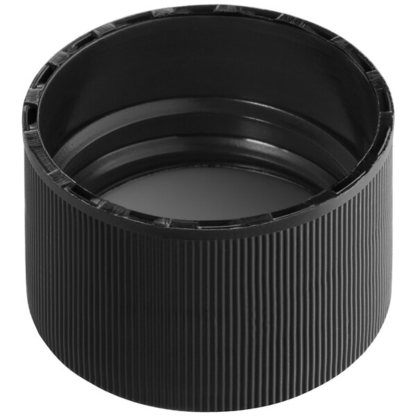 A 28/410 black plastic lid with a foam liner on a white background.