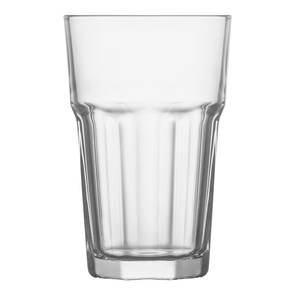 A clear glass with a white background.