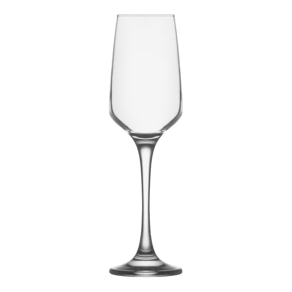 A case of 24 clear RAK Youngstown flute wine glasses with long stems.