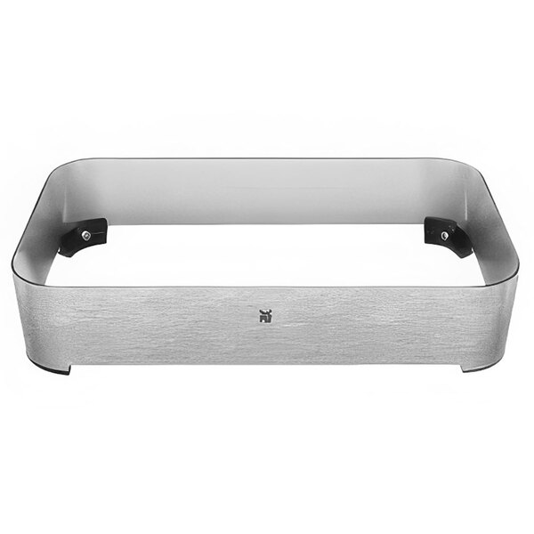 A stainless steel rectangular buffet frame with black edges.