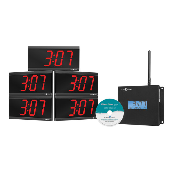 A Pyramid TimeTrax Sync digital clock with red numbers.