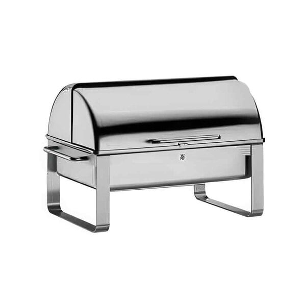 A stainless steel rectangular roll top chafer with a lid.
