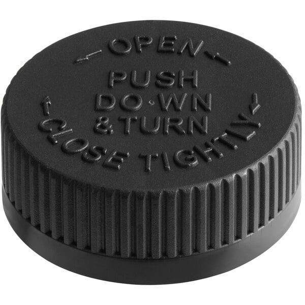 A black plastic 38/400 child-resistant cap with pressure-sensitive liner and instruction text.