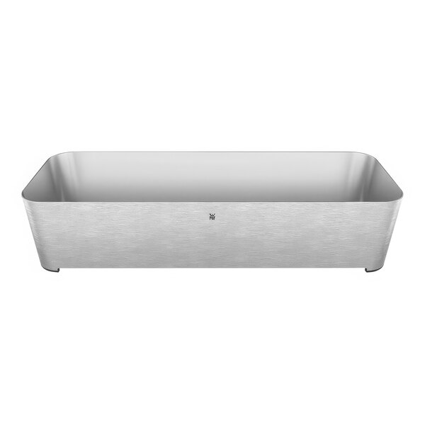 A stainless steel rectangular buffet frame with a handle.