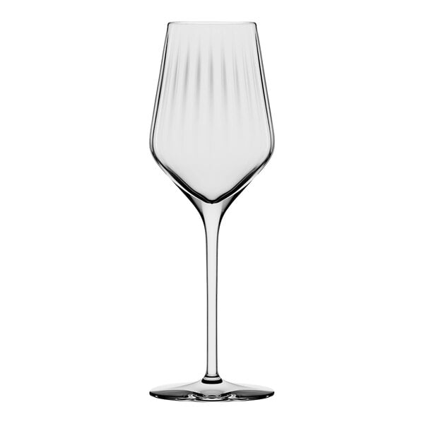 A clear Stolzle Symphony wine flute with a long stem.