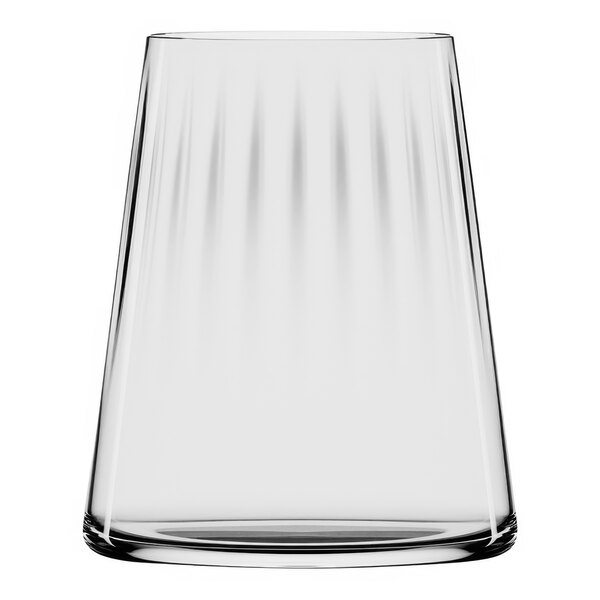 A clear Stolzle Symphony stemless wine glass with a curved bottom.