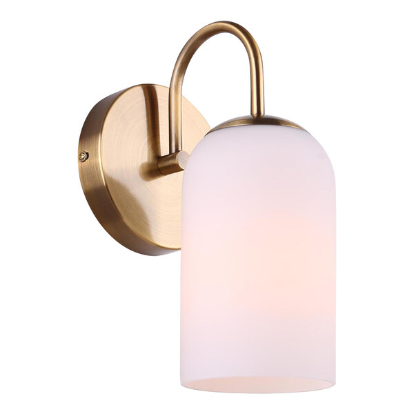 A Canarm Novalee brass vanity light with a white shade.