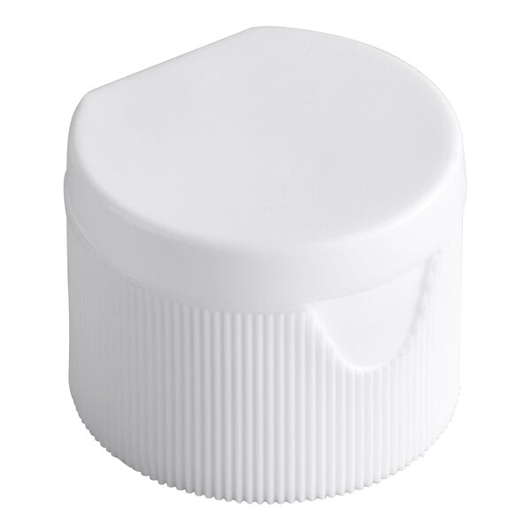 A white unlined flip top plastic lid with a ribbed side, designed for bottles with a 24/410 neck size.