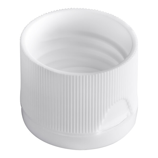 A white unlined flip top plastic lid with a ribbed exterior, designed for bottles with a 24/410 neck size.