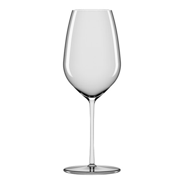 A clear Stolzle Fino wine glass with a long stem.