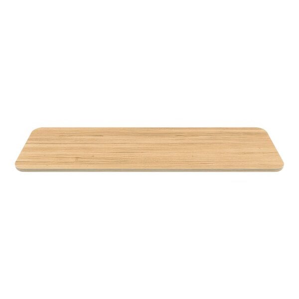 A rectangular melamine plate with a wood grain surface.