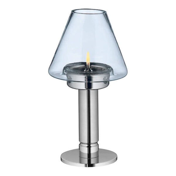 A WMF stainless steel tealight holder with clear glass shade.