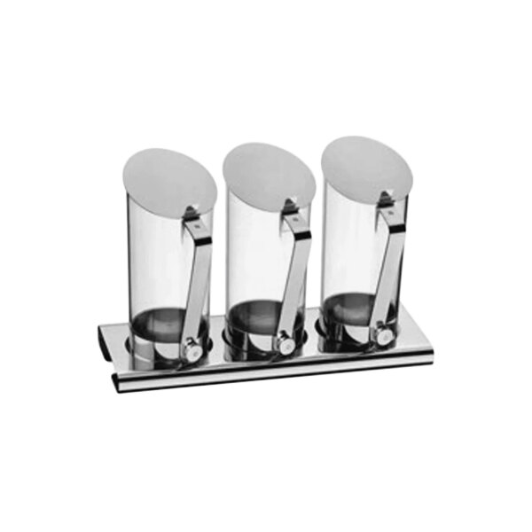 A group of clear containers on a metal stand.