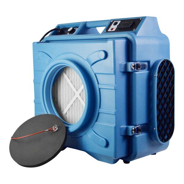 A blue PURAERO HEPA air scrubber with a black cover.