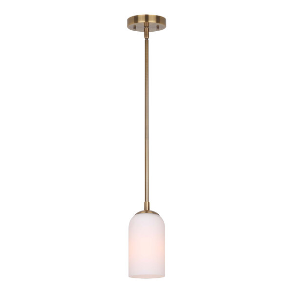 A Canarm Novalee gold pendant light with a white glass shade hanging from a metal pole.