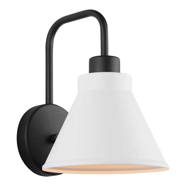A black and white Canarm outdoor wall light with a white shade and black pipe.