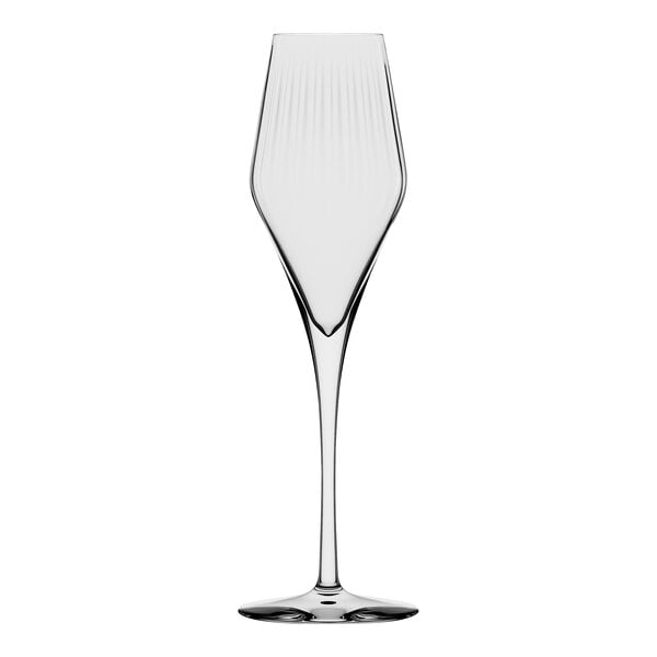 A close-up of a clear Stolzle white wine glass with a curved stem.