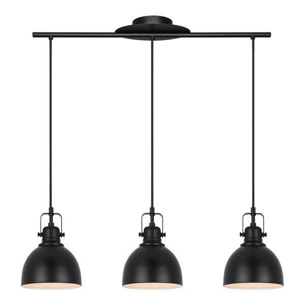 A black Canarm pendant light fixture with three lamps over a table.