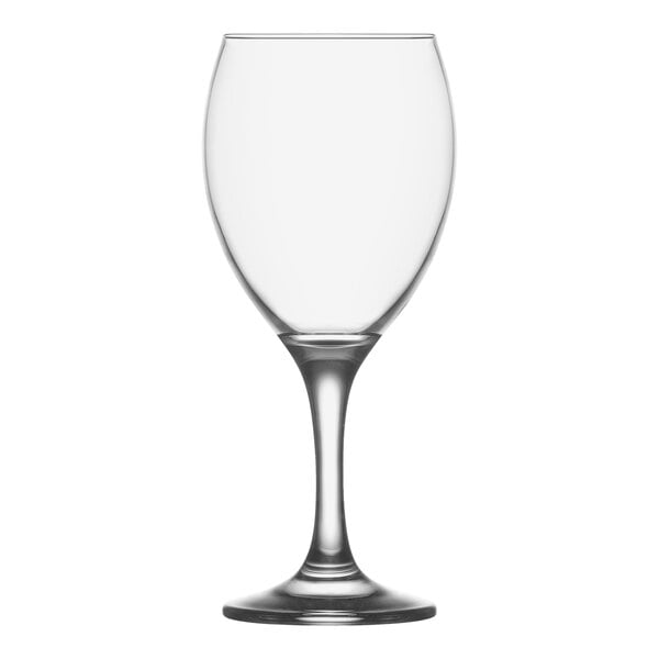 A close-up of a clear RAK Youngstown Firnley wine glass with a stem.