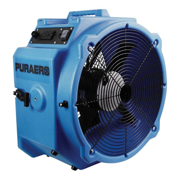 A blue PURAERO axial fan with black cover.