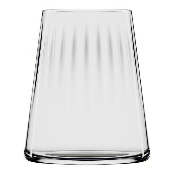 A clear Stolzle Symphony stemless wine glass with a wavy design on the edge.