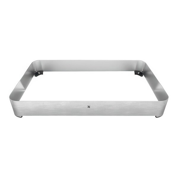 A stainless steel rectangular buffet frame with black legs.